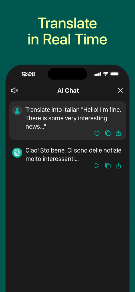 AI Chatbot with Сhat - Chatrun - Interface of the Chatrun app showing a real-time AI translation from English to Italian.