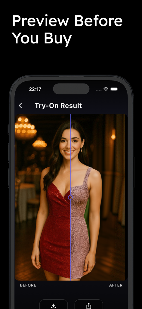 AI Clothes Changer #1 - Split screen comparison of a woman virtually trying on two different elegant dresses using the AI Clothes Changer app