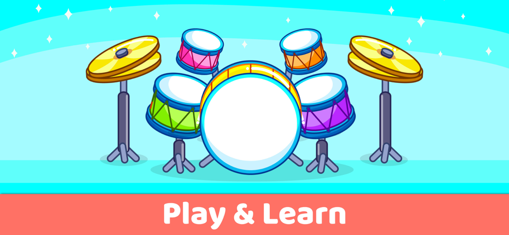 A colorful cartoon drum set with a red banner that says Play and Learn