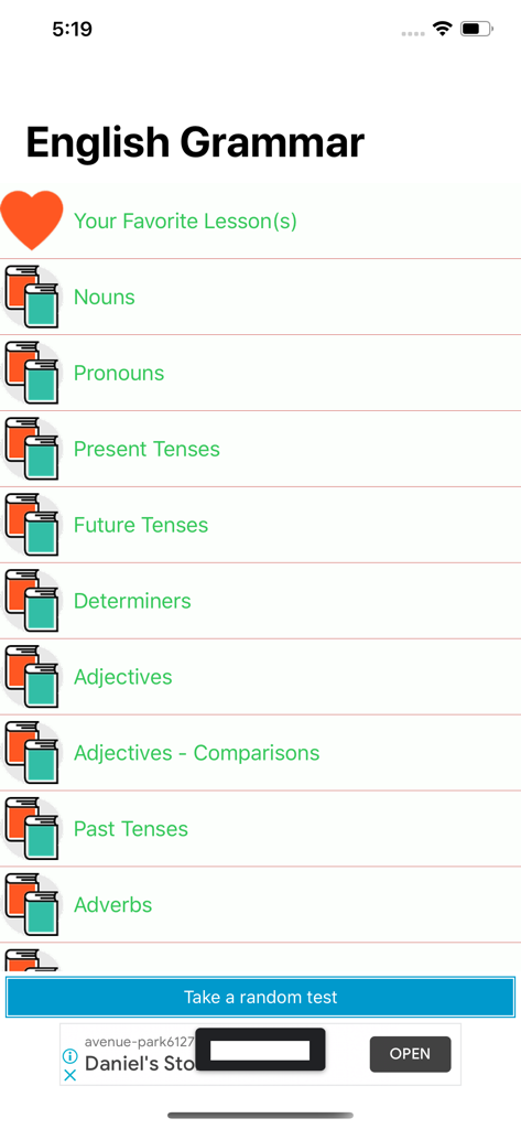 English Grammar in Use & Test - 英語文法アプリのメインメニュー。文法レッスンのリストとランダムテストボタンが表示されます。