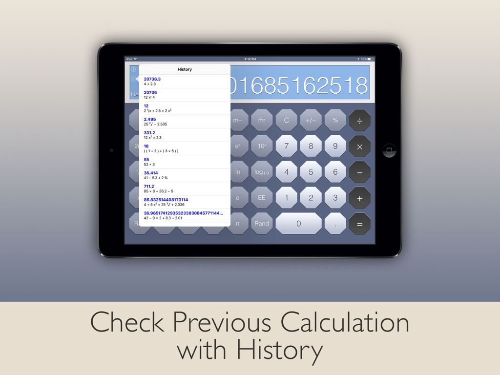 Scientific calculator for iPad displaying previous calculation history in a pop-up menu.