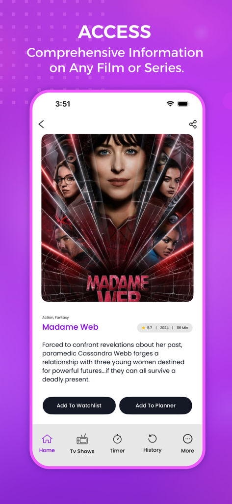Ein Smartphone-Bildschirm, der detaillierte Filminformationen für Madame Web anzeigt, mit Optionen zum Hinzufügen zur Watchlist oder zum Planer