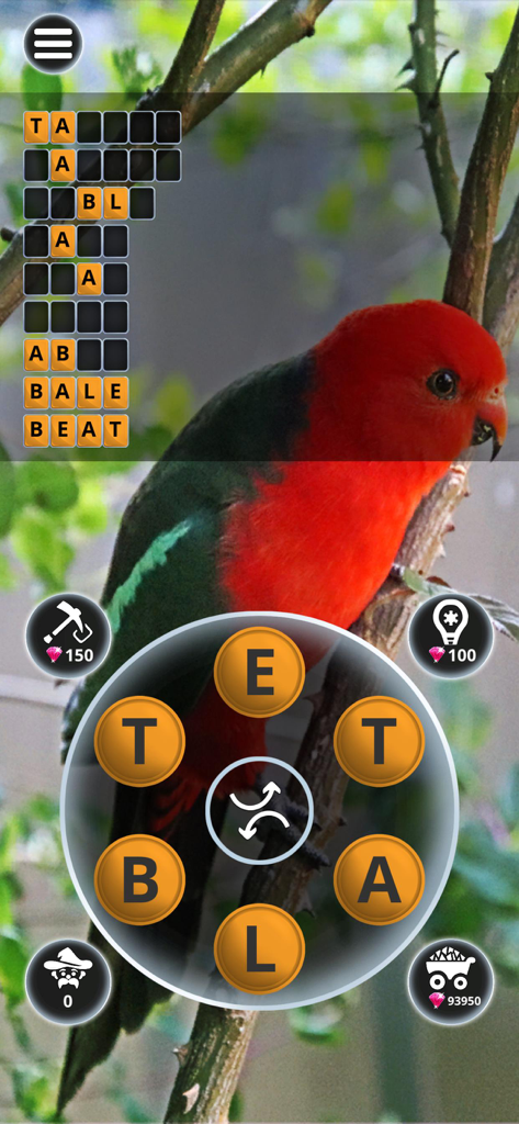 Jugabilidad de puzzle de búsqueda de palabras con fondo de loro rojo y una rueda de letras para conectar palabras.