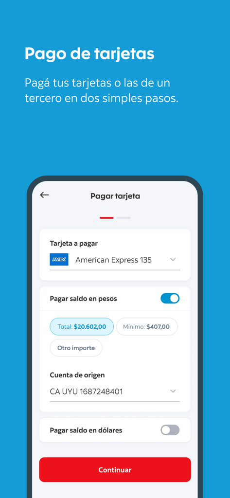 Scotia Movil app screen showing credit card payment options for American Express in Spanish