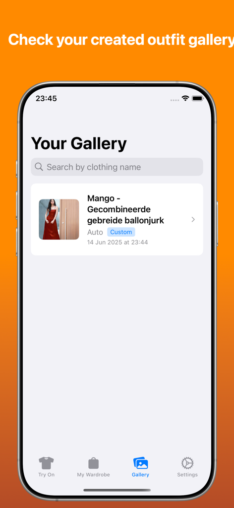 AI Clothe Changer: FashFit - The outfit gallery screen in the FashFit app showing a saved clothing item visualization.