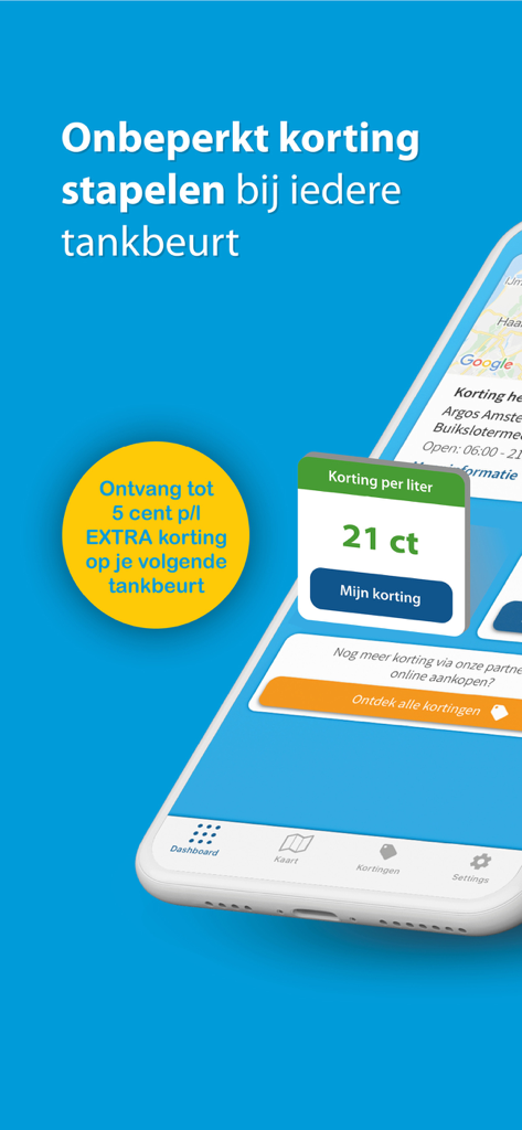 Tankey - Goedkoop tanken - Tankey app interface showing stacked fuel discounts and savings per liter
