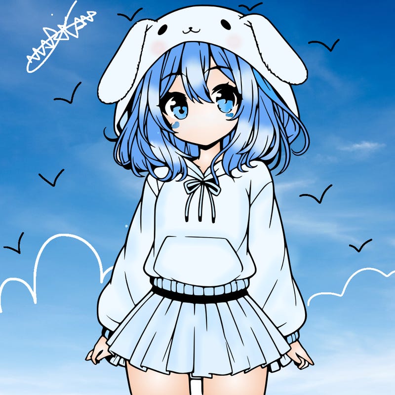 pretty anime girl wearing a fluffy hoodie with bunny ears on the hood and a skirt