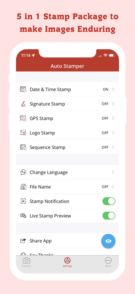 Auto Date Stamper for Photo - Menú de configuración de la aplicación Auto Date Stamper que muestra opciones para fecha, hora, firma, GPS, logotipo y sellos de secuencia