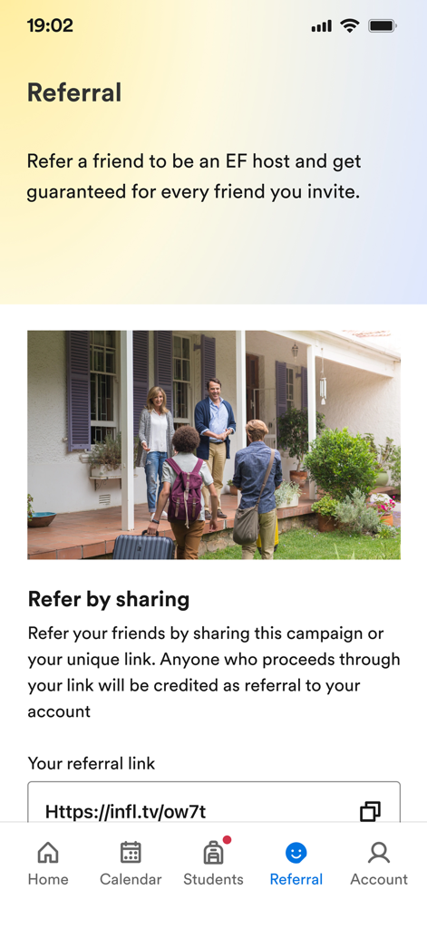 Referral screen in the EF Homestay app for inviting new host families with a unique shareable link.