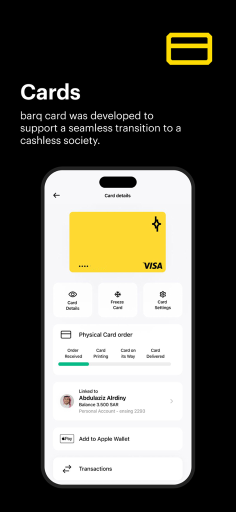 Digital interface of the barq app showing a yellow Visa card and options to manage settings or track a physical card order.