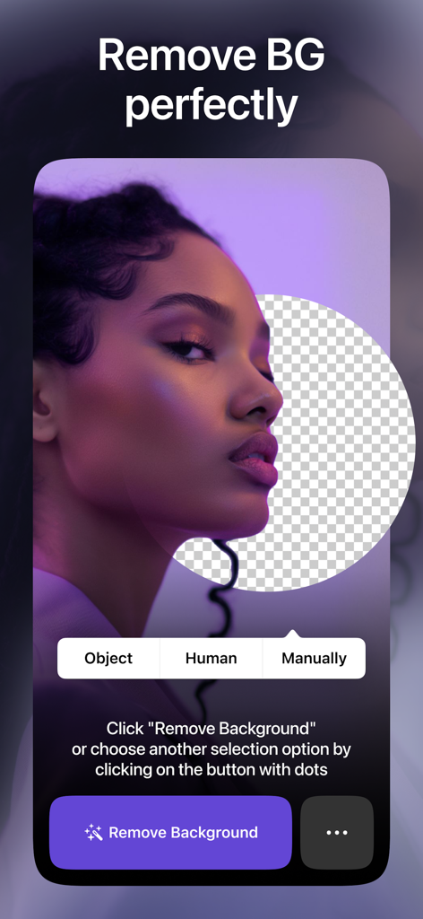 Leto: Font for Instagram Story - A smartphone interface showing the background removal feature in the Leto app with a portrait of a woman.
