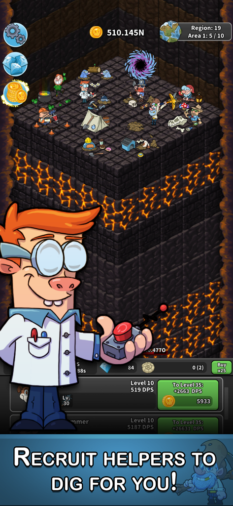 放置系クリッカーゲーム「Tap Tap Dig」で、カートゥーンの科学者と様々なヘルパーが採掘している様子