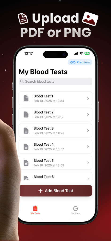 AI Blood Test Analyzer - AI Blood Test Analyzer app screen showing a list of blood tests and the option to upload results as PDF or PNG