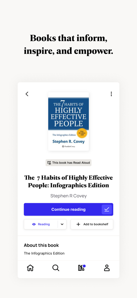 Perlego mobile app screen showing the book details for The 7 Habits of Highly Effective People with a continue reading button and read aloud feature.