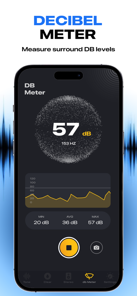 Sonic Pitch Sound Generator - Oberfläche der Decibel Meter-Funktion in der Sonic Pitch App, die die Echtzeit-Messung des Geräuschpegels in dB zeigt
