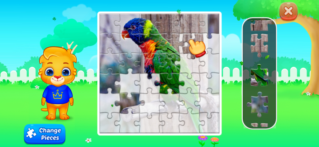 Puzzle Games For Kids 3+ Years - Educational jigsaw puzzle game for kids featuring a colorful parrot and a cartoon lion