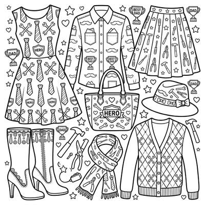 Show your appreciation for Dad with this delightful Father's Day womenswear coloring page, filled with chic clothing and accessories. Each item is adorned with playful motifs like ties, wrenches, and 'HERO' badges, perfect for a unique celebration.