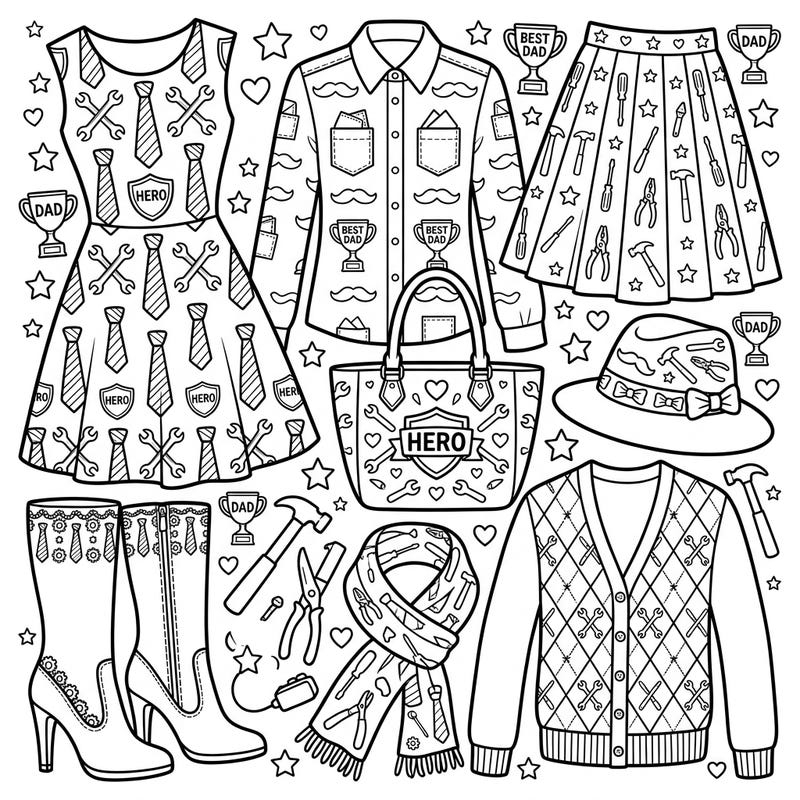 Show your appreciation for Dad with this delightful Father's Day womenswear coloring page, filled with chic clothing and accessories. Each item is adorned with playful motifs like ties, wrenches, and 'HERO' badges, perfect for a unique celebration.