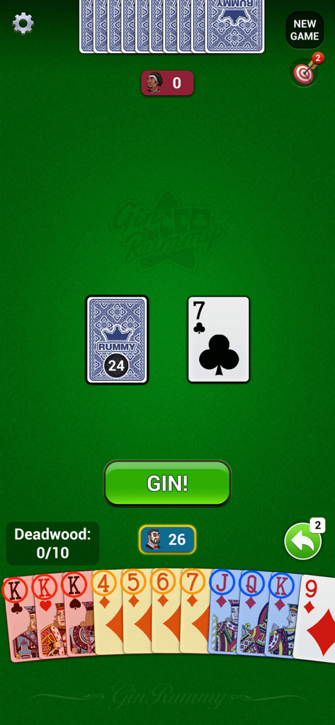 Interfaz del juego móvil Classic Gin Rummy con mano de cartas ordenada y botón GIN