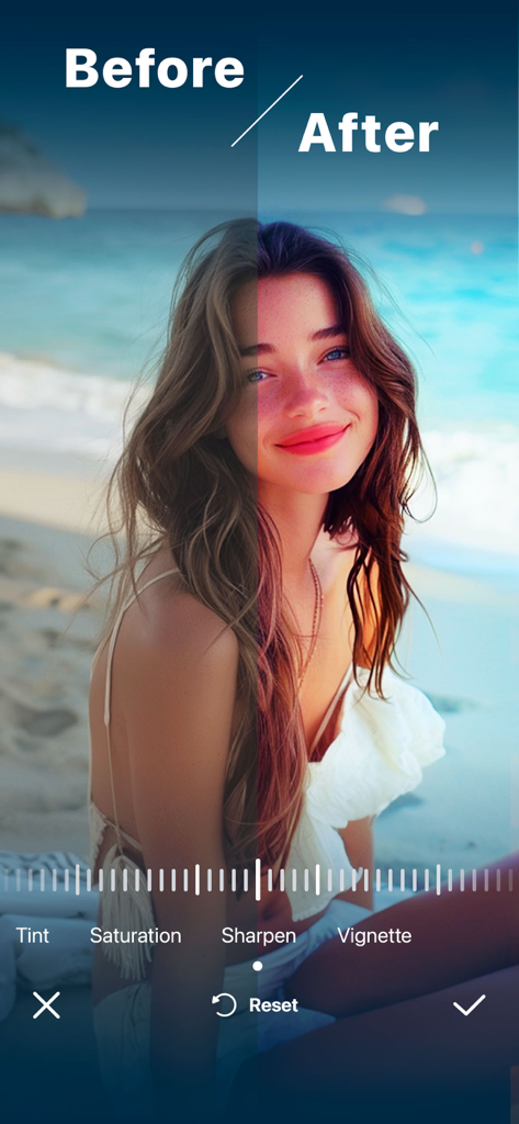 App Presets for Lightroom - Ein Vorher-Nachher-Foto-Vergleich, der die Wirkung einer professionellen Lightroom-Voreinstellung auf ein Strandporträt zeigt.