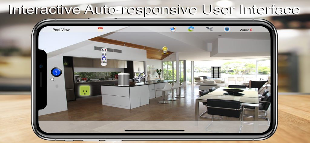 HOS Smart Home IP Control - HOS Smart Home interactive user interface showing digital control icons overlaid on a room photo