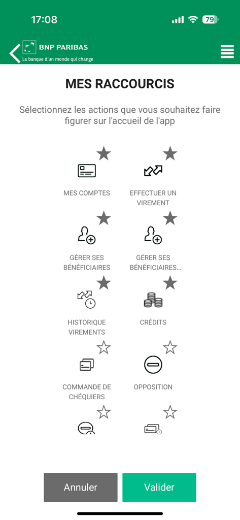 Shortcuts customization screen in the Banque Wallis et Futuna mobile app showing various banking options like transfers and account management.