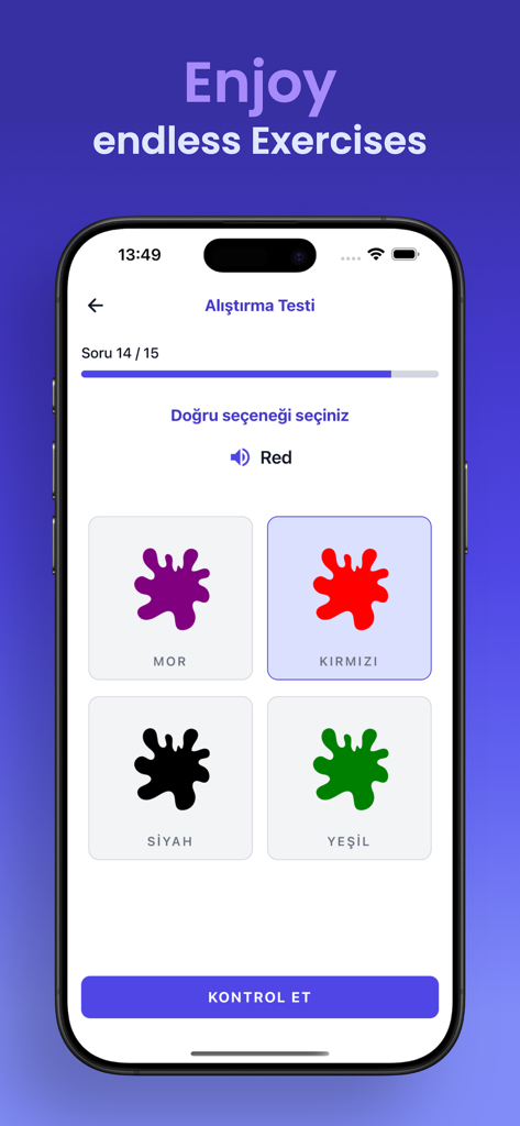 Learn English by FluenTech - Ejercicio interactivo de vocabulario de inglés para el reconocimiento de colores en una interfaz de aplicación móvil