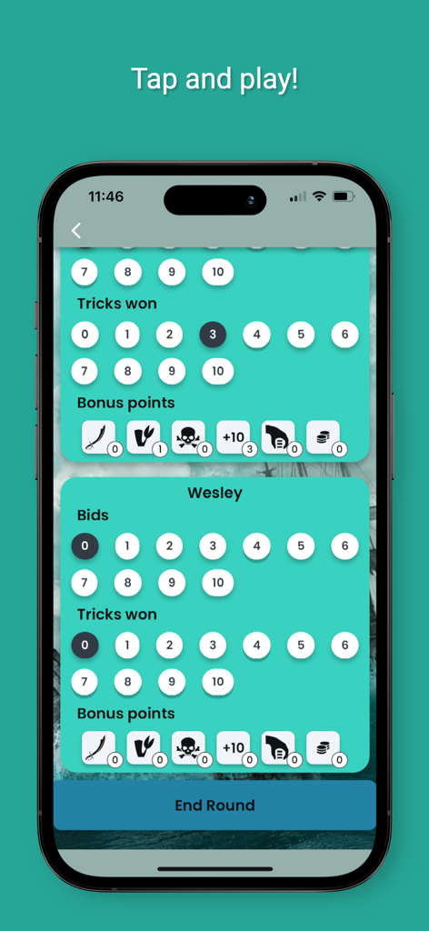 Skull King Scorecard - Digital scorecard interface for Skull King game showing bids and tricks selection for players.