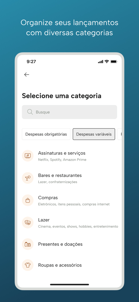 Dashplan - Dashplan mobile app interface showing a list of expense categories for personal finance tracking.