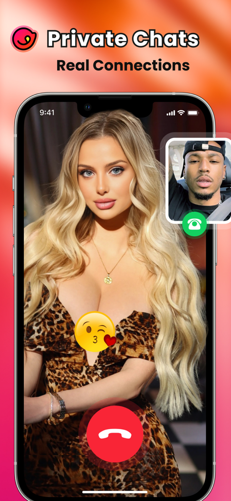 Bitty: Video, Live, Match - Bitty app interface showing a private video call between two people with the text Private Chats Real Connections