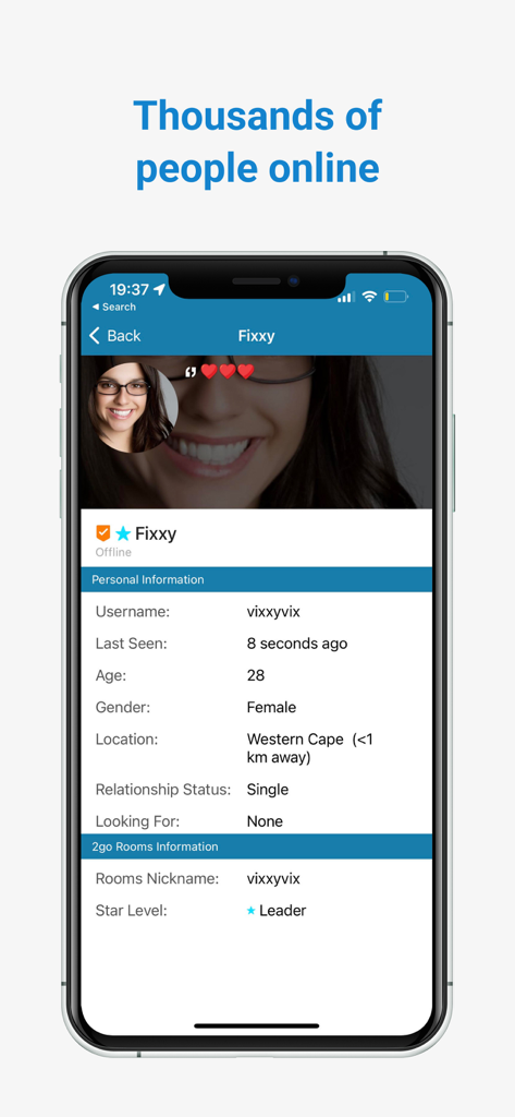 2go Chat - Hangouts, Chatrooms - User profile screen in 2go Chat showing personal details and location information.