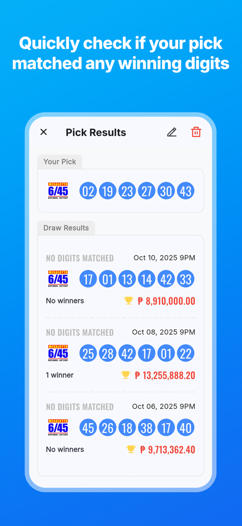 Daily PCSO Lotto Results - Interfaccia che mostra un confronto tra le scelte personali della lotteria e i risultati vincenti storici del PCSO.