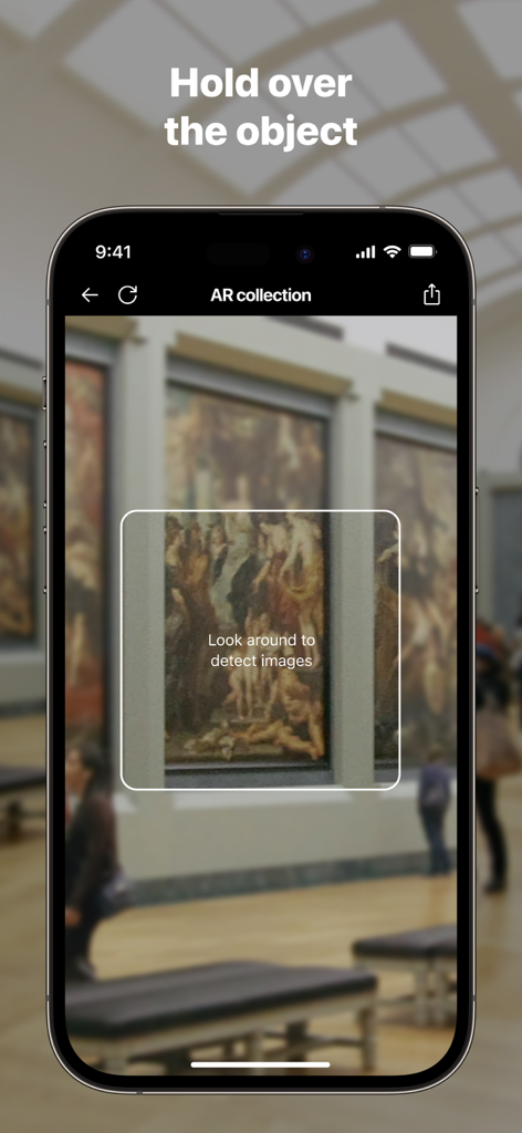 ThingLink AR Viewer - Una pantalla de smartphone que muestra la aplicación ThingLink AR Viewer escaneando una pintura en una galería de arte