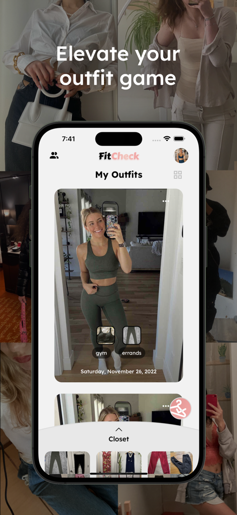 FitCheck: Outfit of the Day - FitCheck 모바일 앱 인터페이스, 의상 추적 및 디지털 옷장 기능 표시.