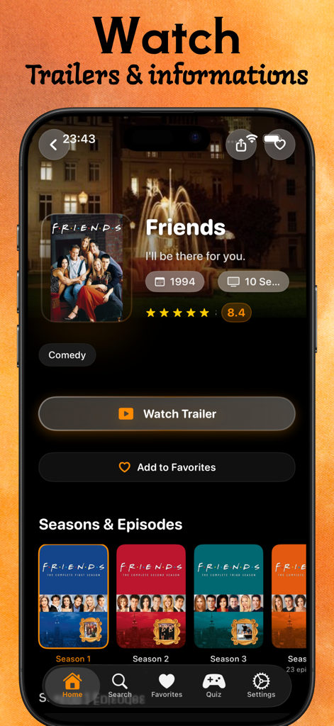 Kiss Kh: Series and Movie Box - Kiss Kh 앱에서 TV 쇼 '프렌즈'를 보여주는 모바일 스크린샷으로, 예고편 보기 및 시즌 보기 옵션이 있습니다.