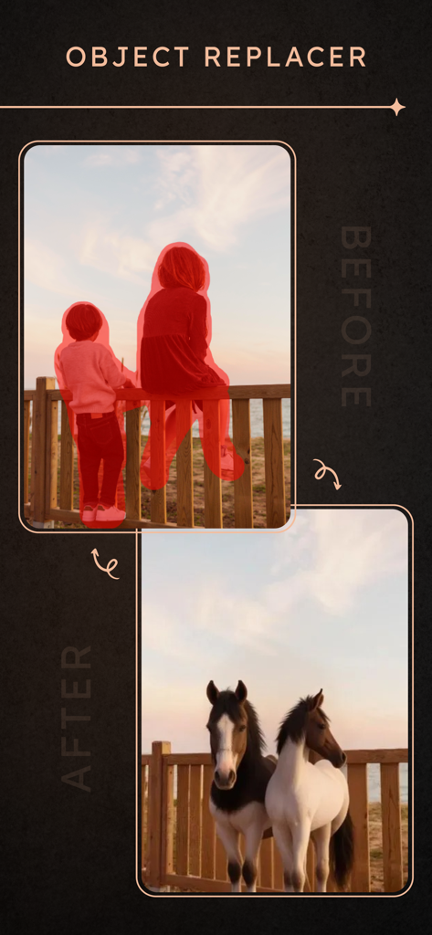 AI Photo Editor: Remove Object - Comparaison avant et après de la fonctionnalité de remplacement d'objets IA montrant des enfants remplacés par des chevaux sur une photo.