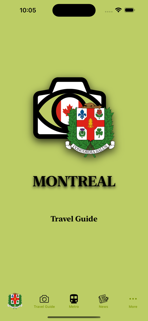 몬트리올 여행 가이드 앱의 홈 화면으로, 도시 문장과 메트로 및 뉴스를 위한 주요 탐색 아이콘을 보여줍니다.
