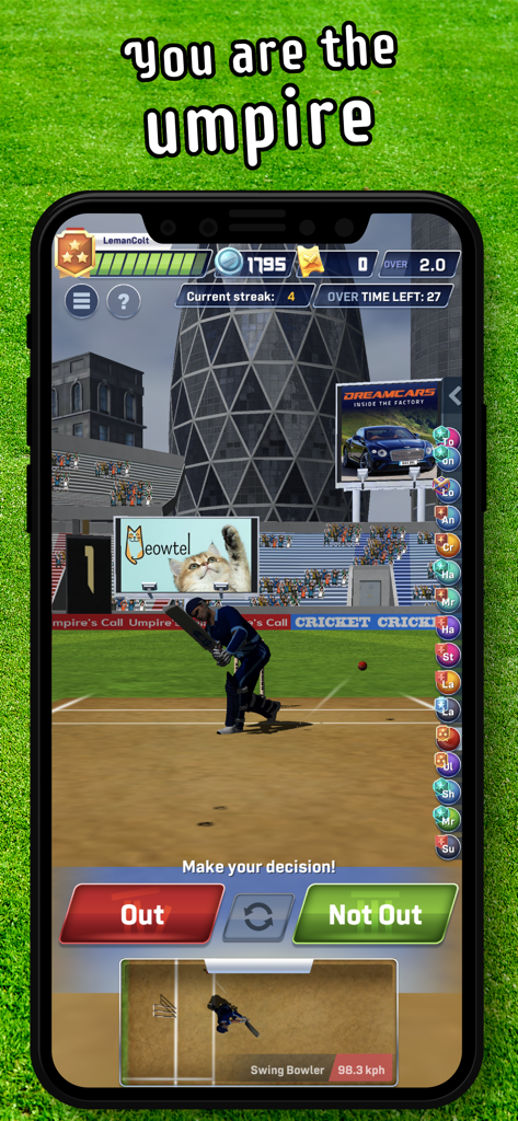 Cricket LBW - Umpire's Call - Cricket LBW umpire decision gameplay screen with Out and Not Out buttons