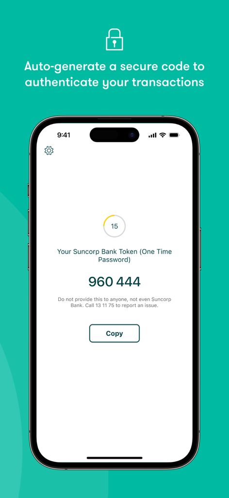 Suncorp Bank Secured - Suncorp Bank Secured app screen showing a one-time password token for secure transaction authentication