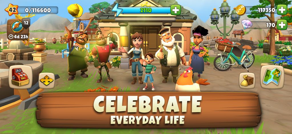 Sunrise Village Adventure Game - Eine Gruppe vielfältiger und freundlicher Dorfbewohner steht vor einem Bauernhaus unter dem Text 'Feiere das tägliche Leben'.