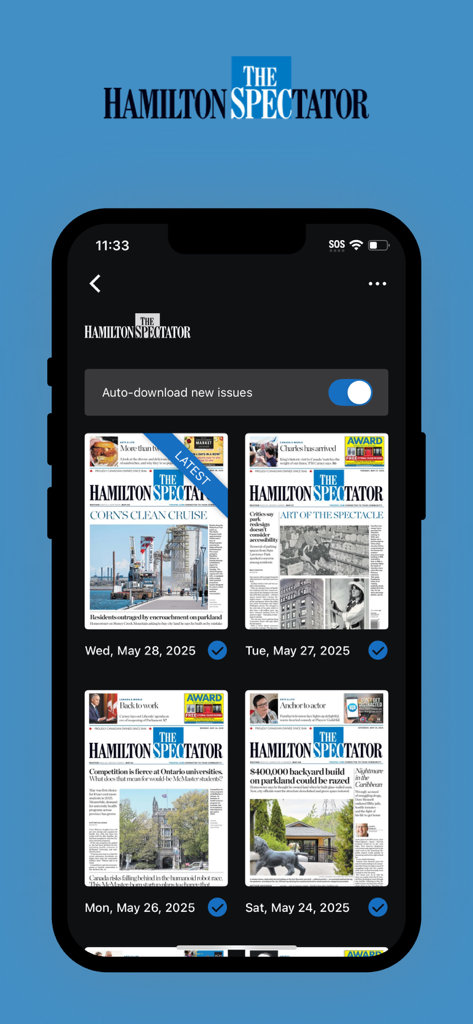 The Hamilton Spectator ePaper - Screenshot of the Hamilton Spectator ePaper app showing a grid of recent daily newspaper editions and an auto-download toggle.