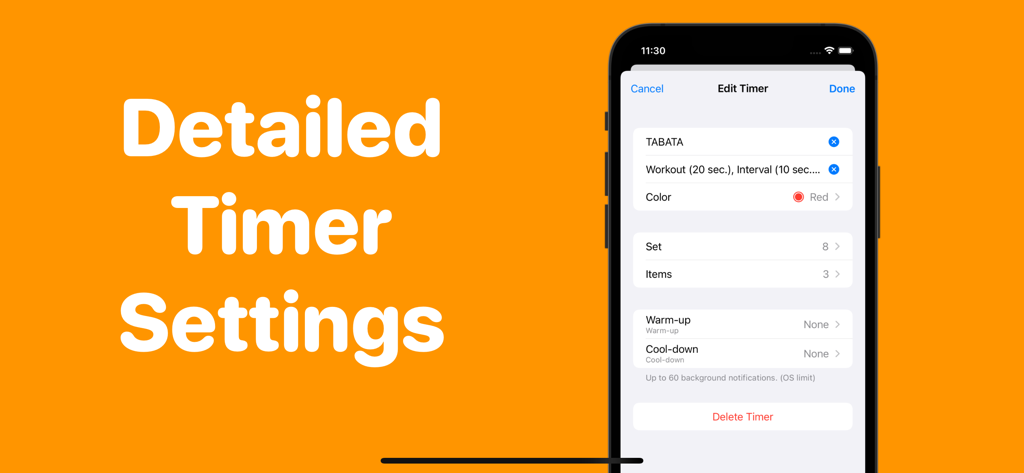 Workout Timer - Interval Timer - Detaillierter Timer-Einstellungsbildschirm zum Anpassen von HIIT- und Tabata-Workouts.