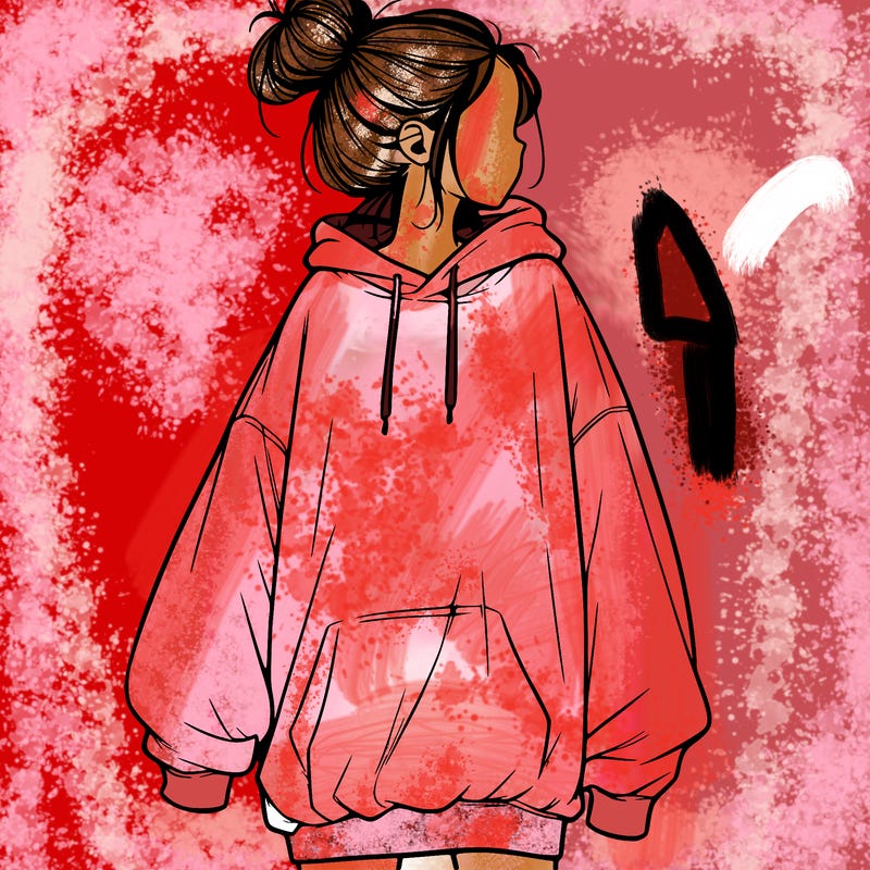 realistic girl with a oversized sweatshirt on and a bun