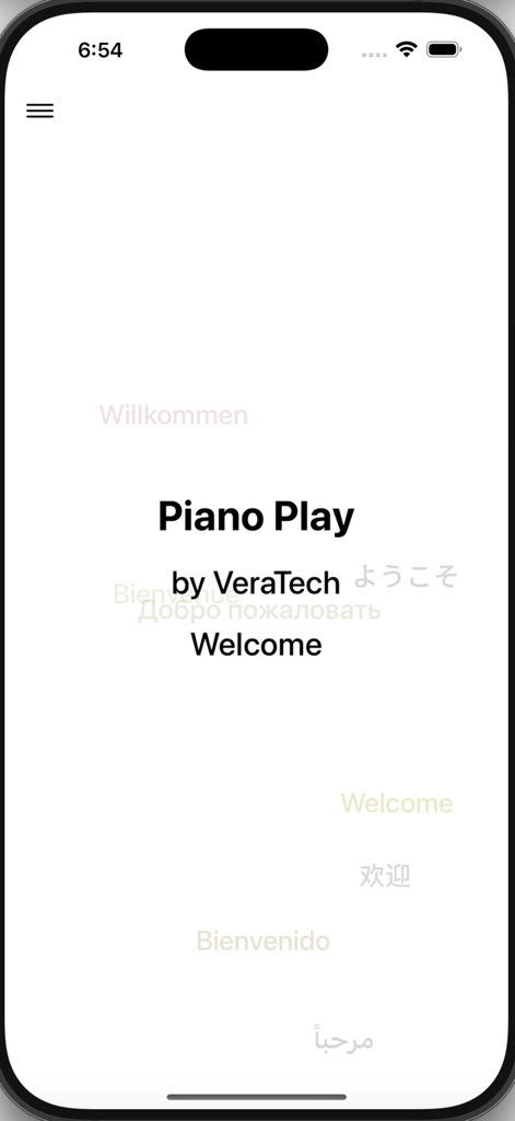 Piano Play - the easy way - Tela de boas-vindas do Piano Play by VeraTech com saudações multilíngues