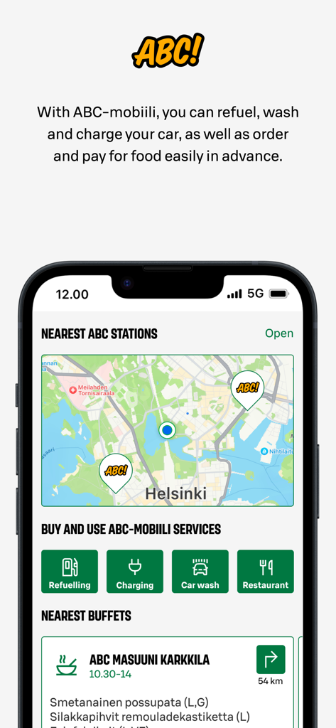 Oberfläche der ABC-mobile App mit einer Karte von nahegelegenen Servicestationen und Symbolen für Tanken, Aufladen, Autowaschen und Restaurant-Services