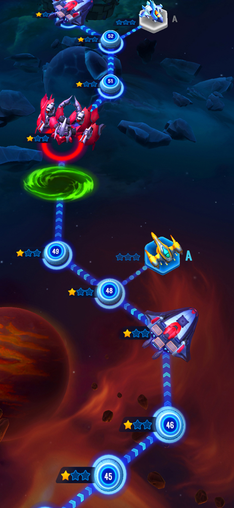 Level progression map screen in Space Justice Alien Shooter showing various mission stages and spaceships.