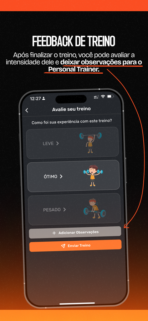 O Personal Digital - Tela do aplicativo O Personal Digital para avaliar a intensidade do treino e enviar feedback ao personal trainer