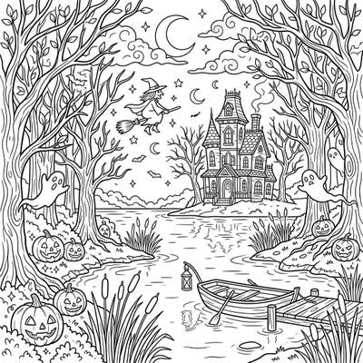 Embark on a thrilling coloring journey with this captivating Halloween scene, set around a mysterious forest lake. Bring to life a haunted house, a flying witch, playful ghosts, and grinning jack-o'-lanterns under the moonlit sky.