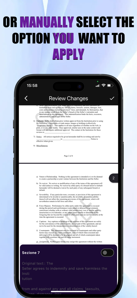AvvoGPT - AI for Lawyers - A mobile screen showing the manual review and selection of changes for a legal contract within the AvvoGPT app.