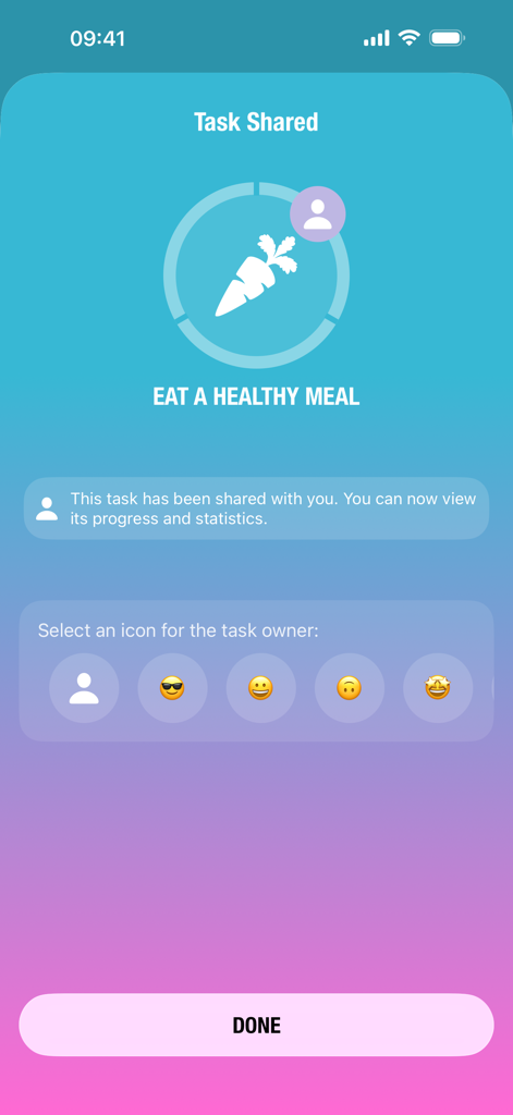 Streaks App-Oberfläche, die eine gemeinsame Aufgabe für das Essen einer gesunden Mahlzeit mit der Auswahl eines Eigentümer-Symbols zeigt.